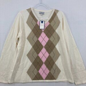 New Croft & Barrow size XL Cream Argyle V neck Light Knit Pullover Sweater